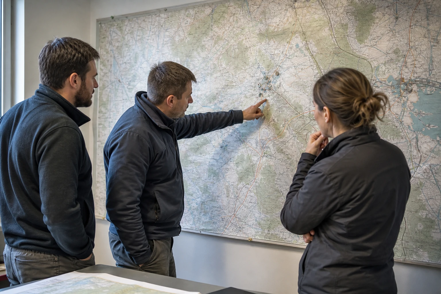 Team analysing a route on a topographic map — scenario visualisation